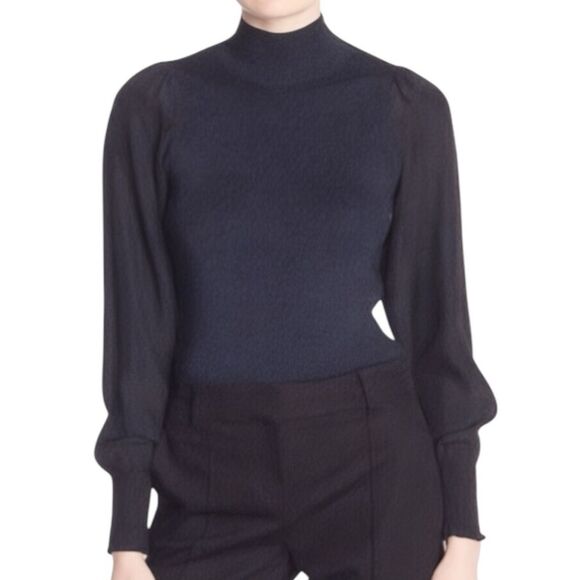 NWT Rebecca Taylor Size Small Merino Wool Mockneck Pullover Navy Blue & Black - Picture 1 of 12